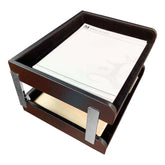 Classic Black Leather Letter Tray, Side Load, Stacking Set, Silver